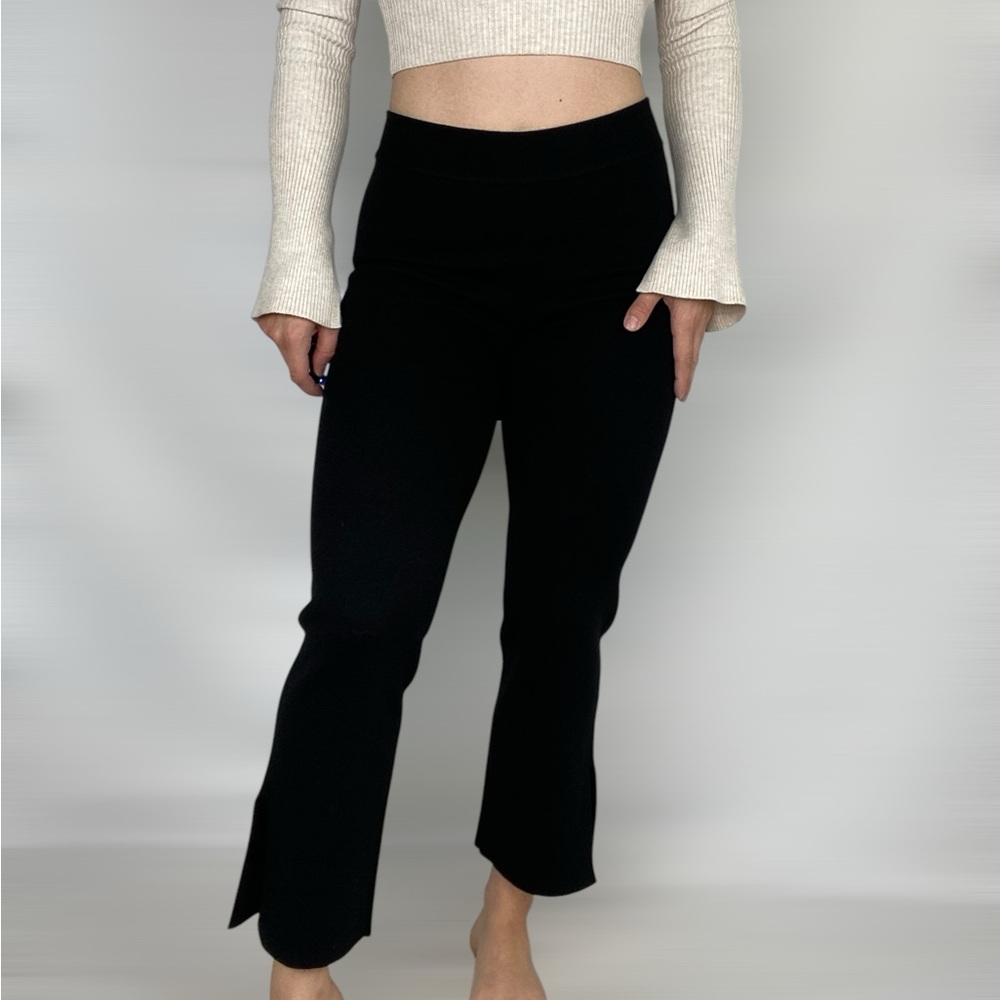 L’ACADEMIE Kaden Knit Pants in Black Ribbed Stretch Side Hem Split